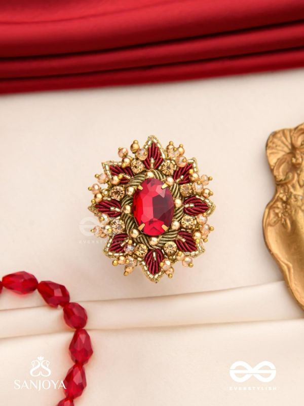 PRABHA - THE RADIANT RED DAISY - EMBROIDERED FLOWER DESIGN WITH CENTRAL RED STONE AND BEADS 