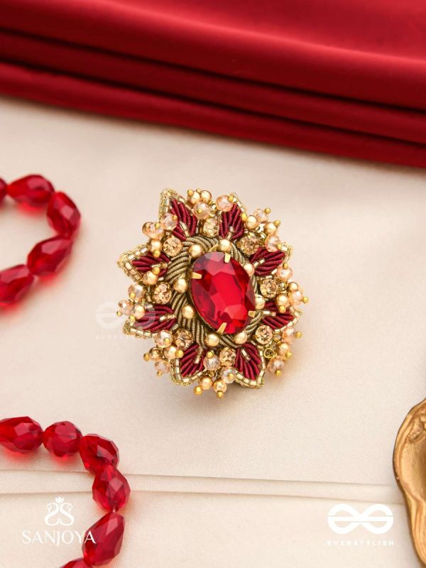 PRABHA - THE RADIANT RED DAISY - EMBROIDERED FLOWER DESIGN WITH CENTRAL RED STONE AND BEADS 