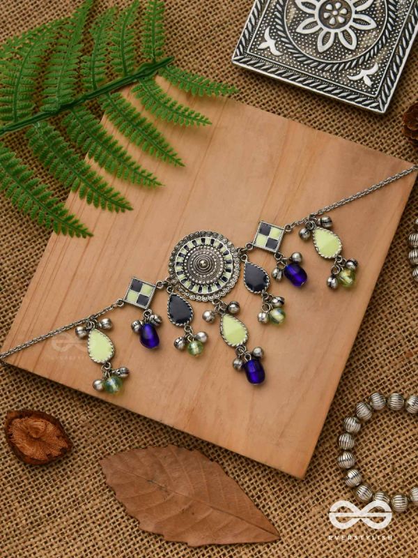 The Blue Stone - Embellished silver oxidized geometrical motif necklace