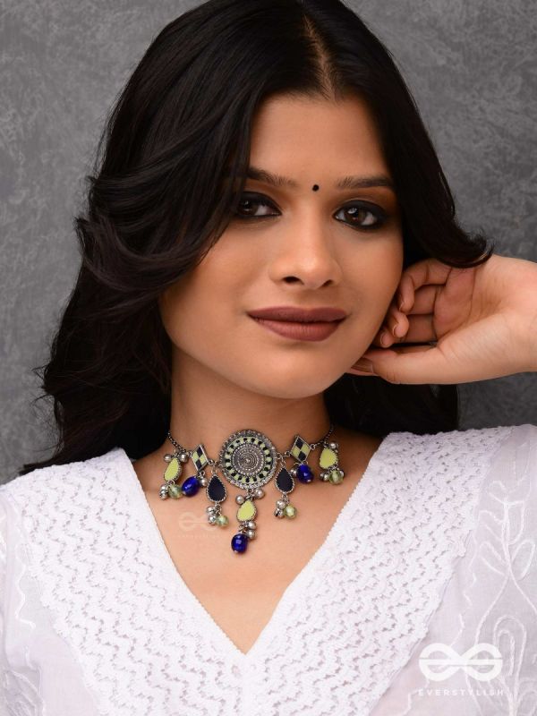 The Blue Stone - Embellished silver oxidized geometrical motif necklace