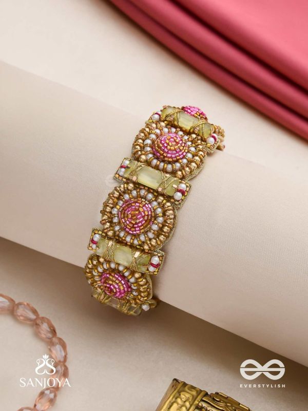 Manikarna - The Regal Gems - Pink and golden beads and stones embroidered bracelet