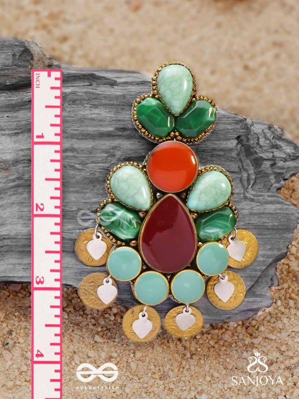 Vikṛtiśīla- Elegant Form-Chunky blue, green, and rust-colored stones with a distinctive golden-silver leaflet design