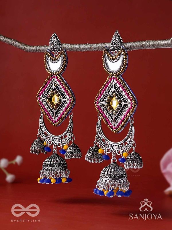 CHANDRAKANTA-MOONSTONE EARRINGS-STATEMENT OXIDISED JHUMKAS WITH MIRROR, BEADS AND THREAD WORK