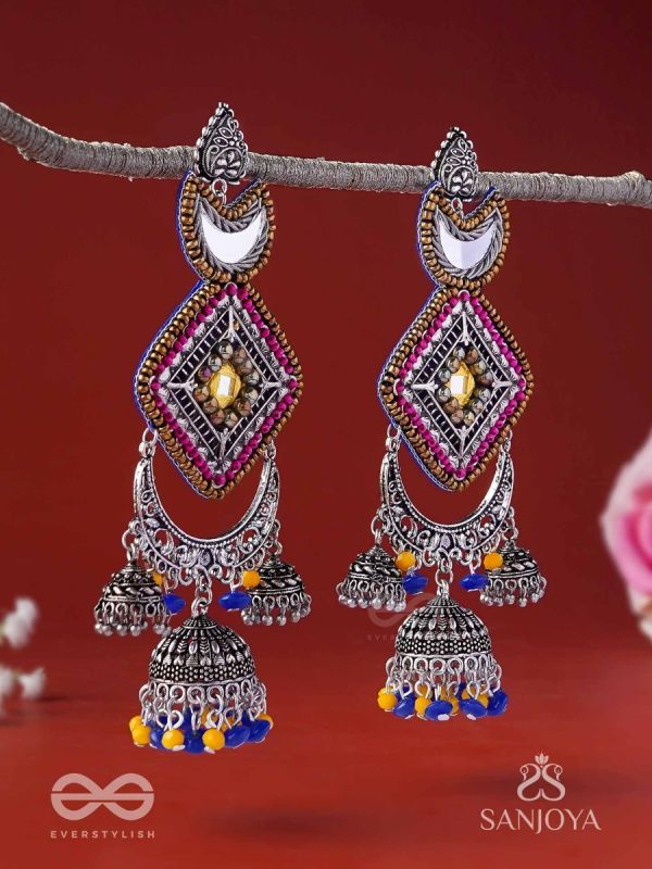 CHANDRAKANTA-MOONSTONE EARRINGS-STATEMENT OXIDISED JHUMKAS WITH MIRROR, BEADS AND THREAD WORK