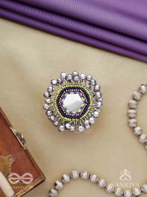 CHANDRA-KANTA-MOONLIT RADIANCE-EMBROIDERED OXIDISED RING WITH BEADS AND GHUNGROO