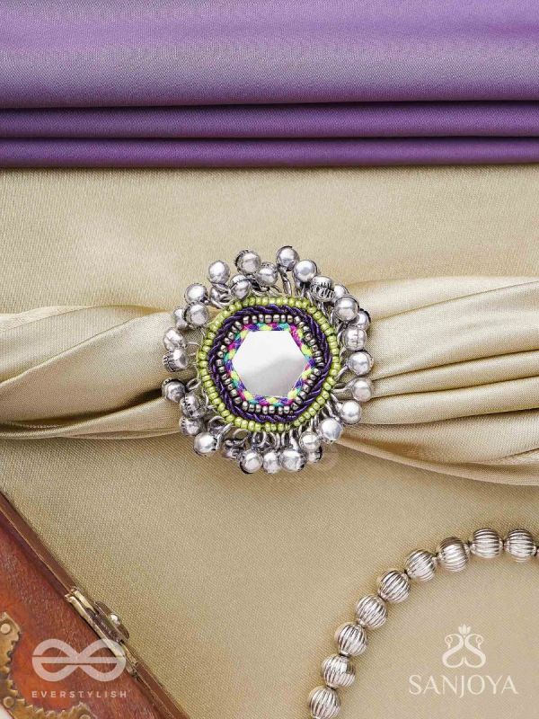 CHANDRA-KANTA-MOONLIT RADIANCE-EMBROIDERED OXIDISED RING WITH BEADS AND GHUNGROO