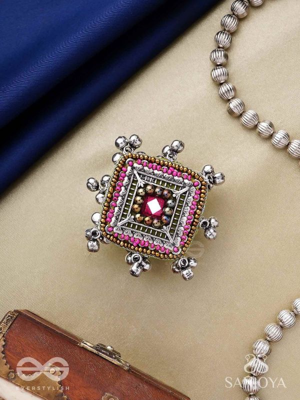 Chaturmukhi-Four-Faced- Oxidized embroidered ring features ghunghroo, beads & mirror. 