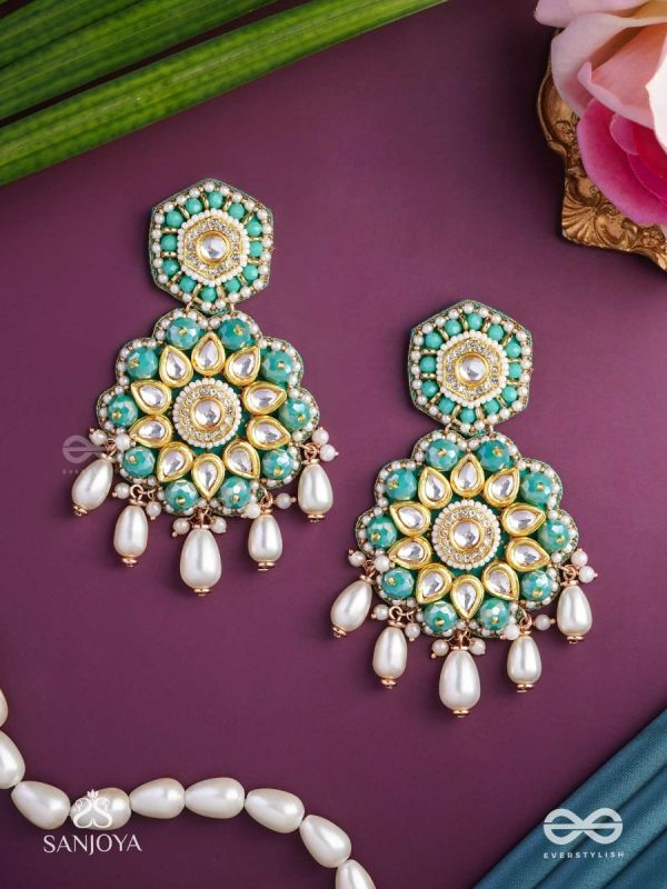 Vaidurya-Emerald Blossom- Firozi-colored glass stones earrings paired with golden and white accents, beads, and danglers