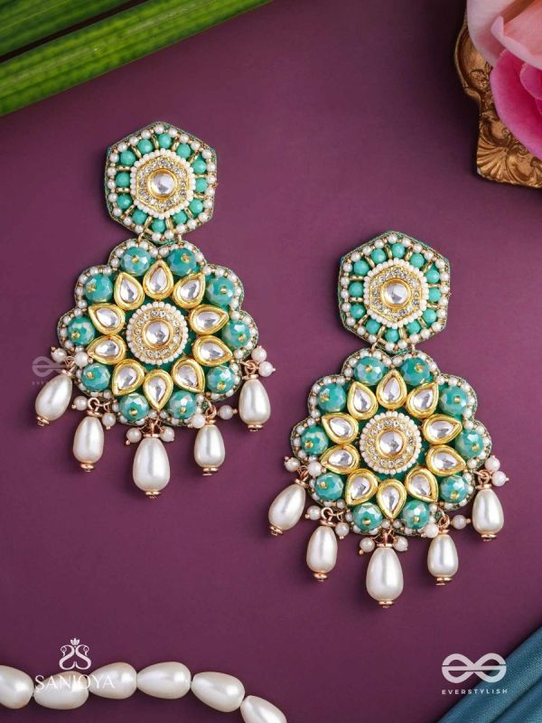 Vaidurya-Emerald Blossom- Firozi-colored glass stones earrings paired with golden and white accents, beads, and danglers