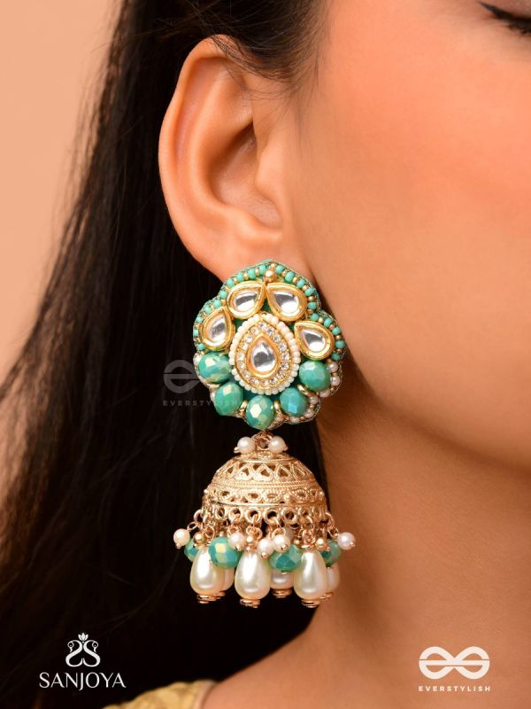 Sphārikā- Crystal Radiance-Jhumka earrings adorned with diamond shaped stones,beads and pearls of golden, white and turquoise accents