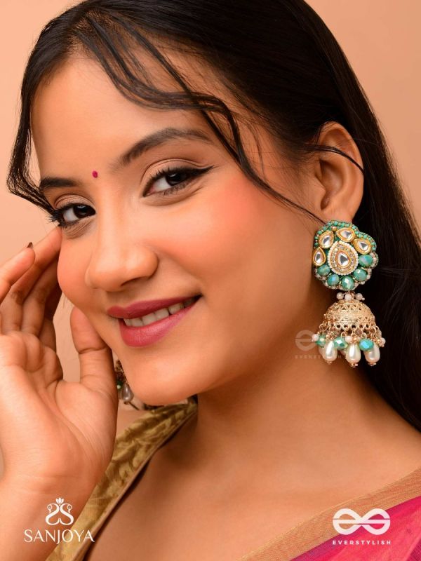 Sphārikā- Crystal Radiance-Jhumka earrings adorned with diamond shaped stones,beads and pearls of golden, white and turquoise accents