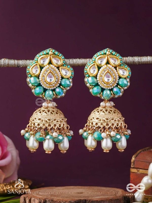 Sphārikā- Crystal Radiance-Jhumka earrings adorned with diamond shaped stones,beads and pearls of golden, white and turquoise accents
