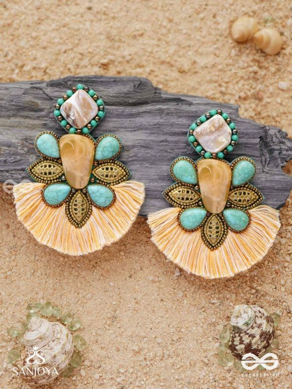 Kāñcīśikha-Tassel Glow Earrings-Blend of gemstones,beads and bohemian macramé fringes for a free-spirited look.