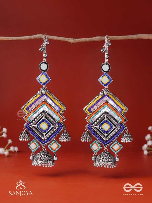Pratibimbā-Reflective Jhumka-Brick stitch pattern earrings with geometric mirror inlays, thread work and jhumkas.