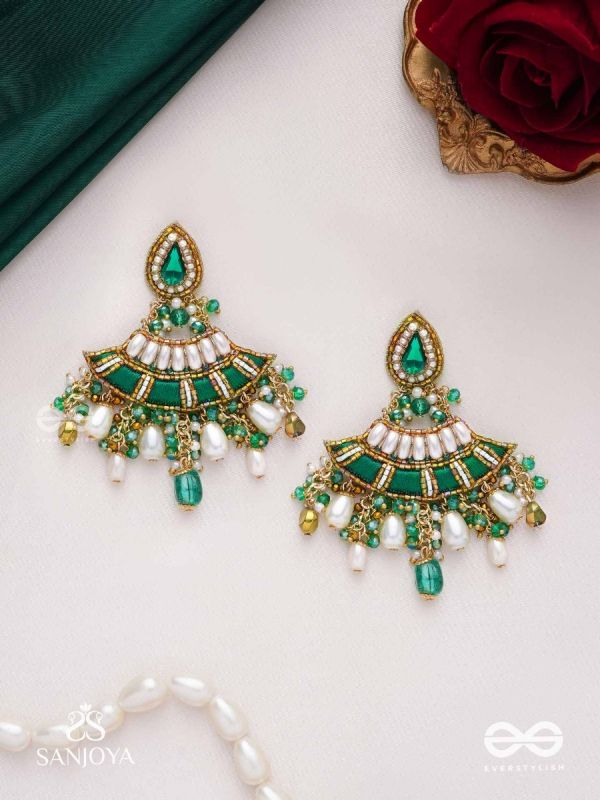 CHANDRAVATA- CRESCENT BRANCH EARRINGS- EMBROIDERED EARRINGS WITH STONES, BEADS, PEARLS AND RESHAM WORK