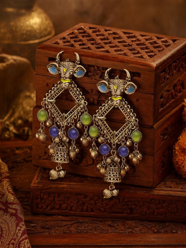 NANDI MANIKARNA- NANDI STONE EARRINGS-OXIDIZED EARRINGS FEATURING A BULL FACE, ADORNED WITH STONES AND GHUNGHROOS