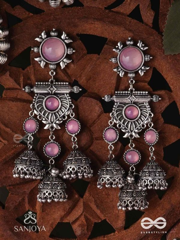 VIJAYAMUKTA-VICTORY PEARLS- REGAL OXIDIZED EARRINGS WITH A CENTRAL PURPLE STONE AND LAYERED JHUMKAS
