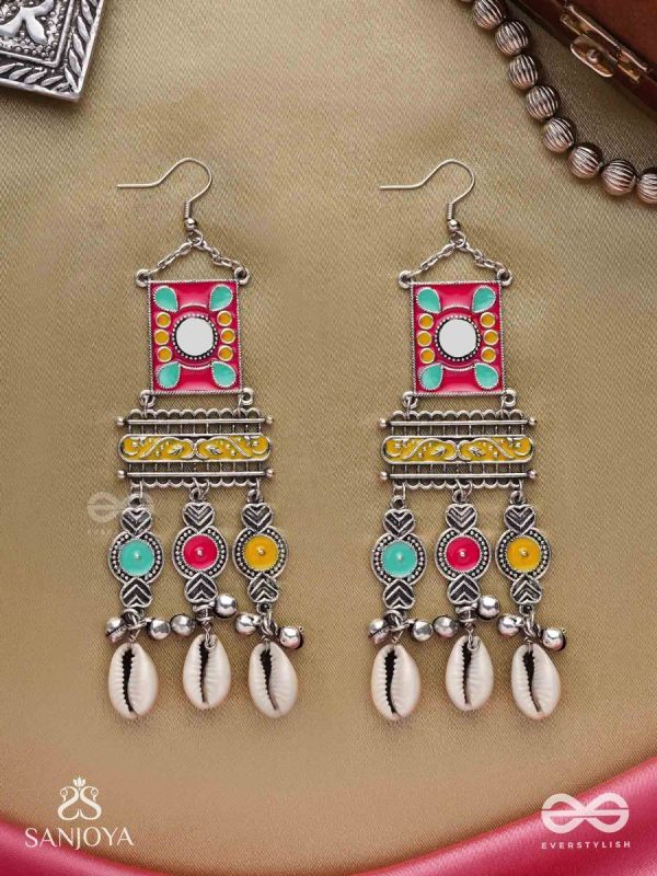 SINGHASANAMUKTA- THRONE GEM- OXIDIZED ENAMELLED EARRINGS IN MULTICOLOUR MOTIFS WITH GHUNGHROO'S AND COWRIE SHELLS