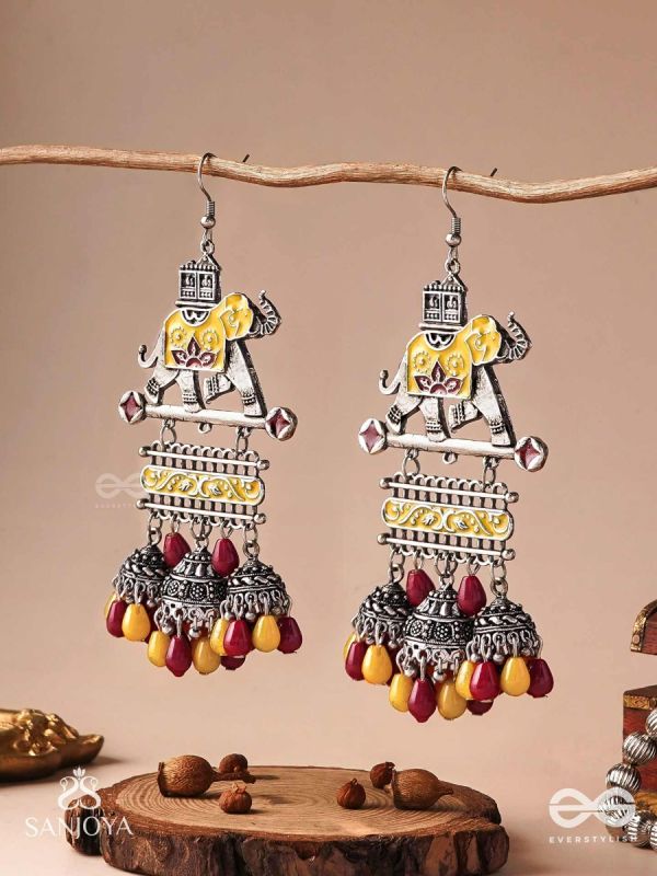  SAMPURNAMANI-COMPLETE JEWEL- ELEPHANT MOTIF EARRINGS ENAMELLED WITH SILVER-TONED METAL, FEATURING JHUMKA AND STONE EMBELLISHMENTS