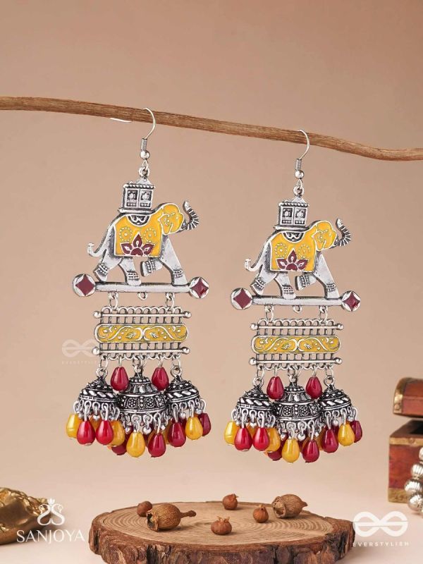  SAMPURNAMANI-COMPLETE JEWEL- ELEPHANT MOTIF EARRINGS ENAMELLED WITH SILVER-TONED METAL, FEATURING JHUMKA AND STONE EMBELLISHMENTS