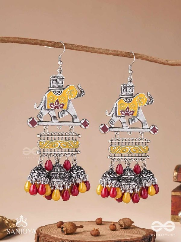  SAMPURNAMANI-COMPLETE JEWEL- ELEPHANT MOTIF EARRINGS ENAMELLED WITH SILVER-TONED METAL, FEATURING JHUMKA AND STONE EMBELLISHMENTS