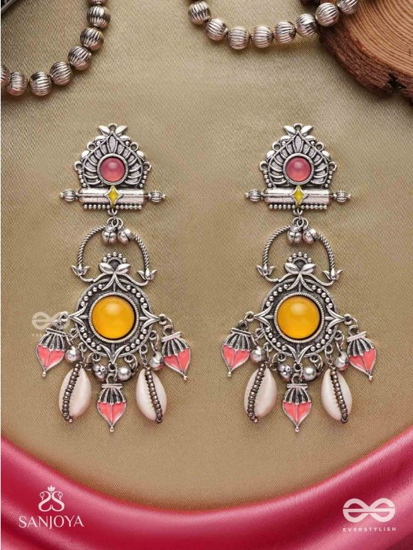  SURYARATNA-SUN GEM-SILVER-TONED EARRINGS ACCENTED WITH DANGLING COWRIE SHELLS AND GHUNGHROO'S