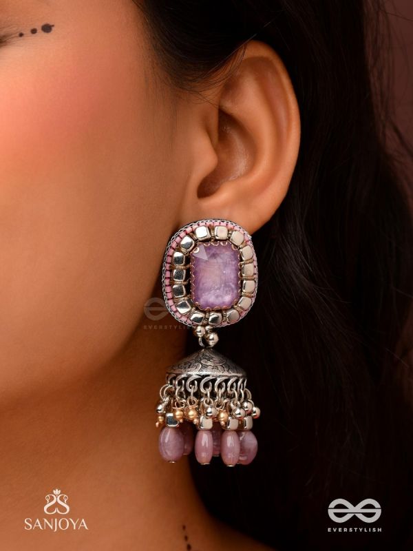  AMRITAMANJARI-NECTAR CLUSTER- EMBROIDERED LAVENDAR JHUMKA EARRINGS ADORNED WITH STONES AND BEADS