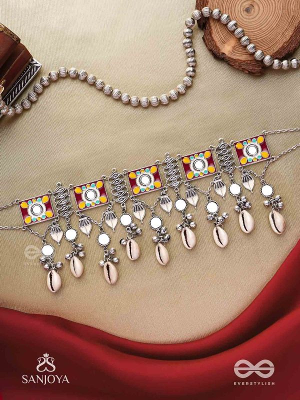  SANGRAHITAVARNA- COLLECTED HUES- ENAMELLED OXIDIZED CHOKER NECKPIECE IN PASTEL HUES WITH COWRIE SHELLS, GHUNGROOS AND MIRRORWORK