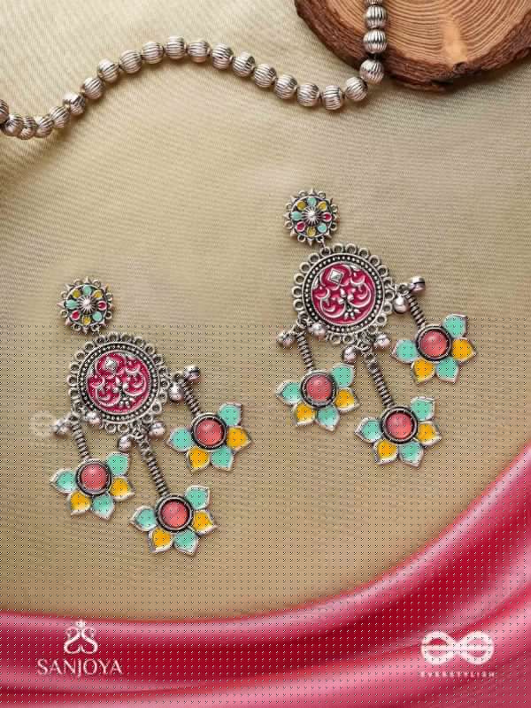  SHAHIPUSHP- ROYAL BLOSSOM- ENAMELLED EARRINGS WITH MULTI COLOURED STONES SET IN SILVER TONED METAL