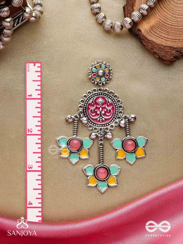  SHAHIPUSHP- ROYAL BLOSSOM- ENAMELLED EARRINGS WITH MULTI COLOURED STONES SET IN SILVER TONED METAL