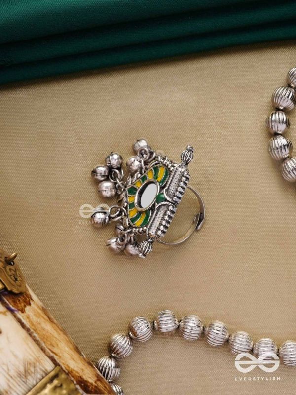 Moss Canopy-  Enamelled Oxidized Adjustable ring  with ghungroos and mirror.