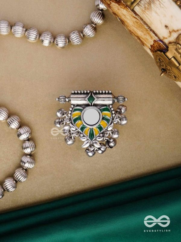 Moss Canopy-  Enamelled Oxidized Adjustable ring  with ghungroos and mirror.