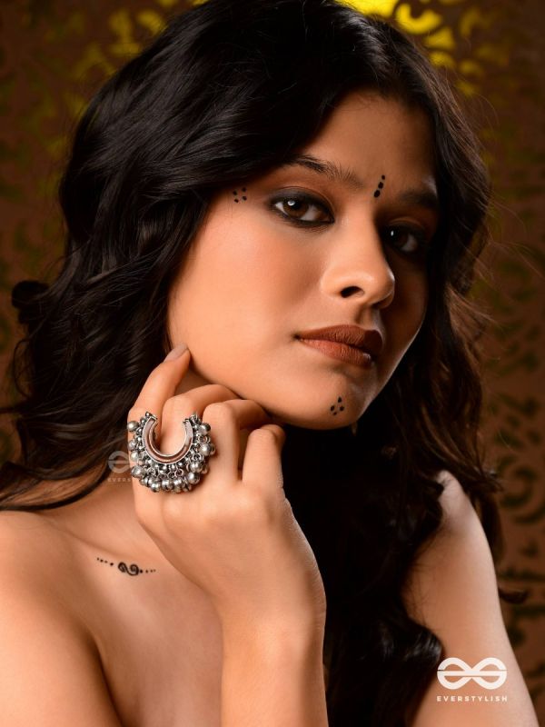 Lunar Embrace-  Oxidized adjustable  ring with ghungroos