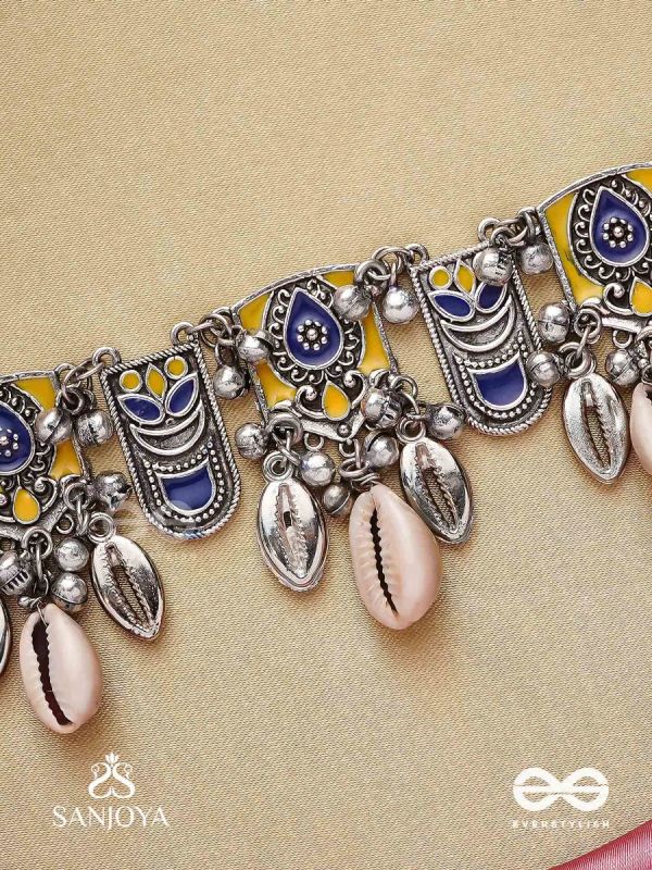 Shankhariti-Conch Elegance- Enamelled Choker neckpiece with pastel motifs with cowrie shells and ghunghroo