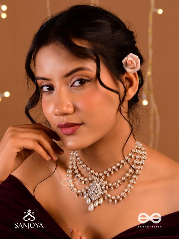 SHWETAPUSHPA– SHLOKA AMBANI INSPIRED NECKPIECE WITH SILVER ACCENTS, CZ STONES AND PEARLS