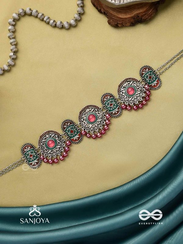 RAKTASHREE– RED ELEGANCE : OXIDIZED CHOKER WITH INTRICATE WORK AND BOLD RED ACCENTS, PERFECT FOR A TRADITIONAL LOOK