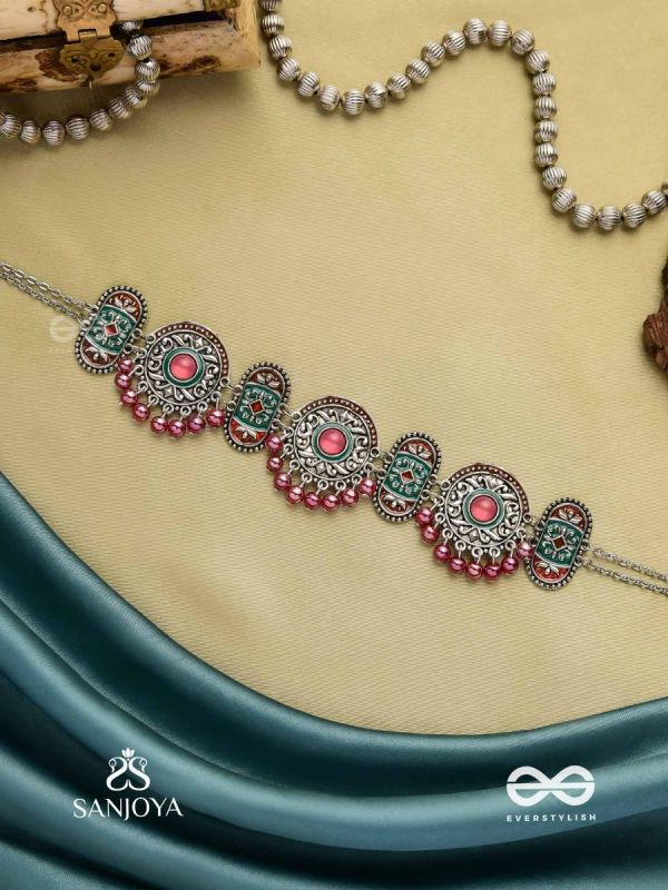 RAKTASHREE– RED ELEGANCE : OXIDIZED CHOKER WITH INTRICATE WORK AND BOLD RED ACCENTS, PERFECT FOR A TRADITIONAL LOOK