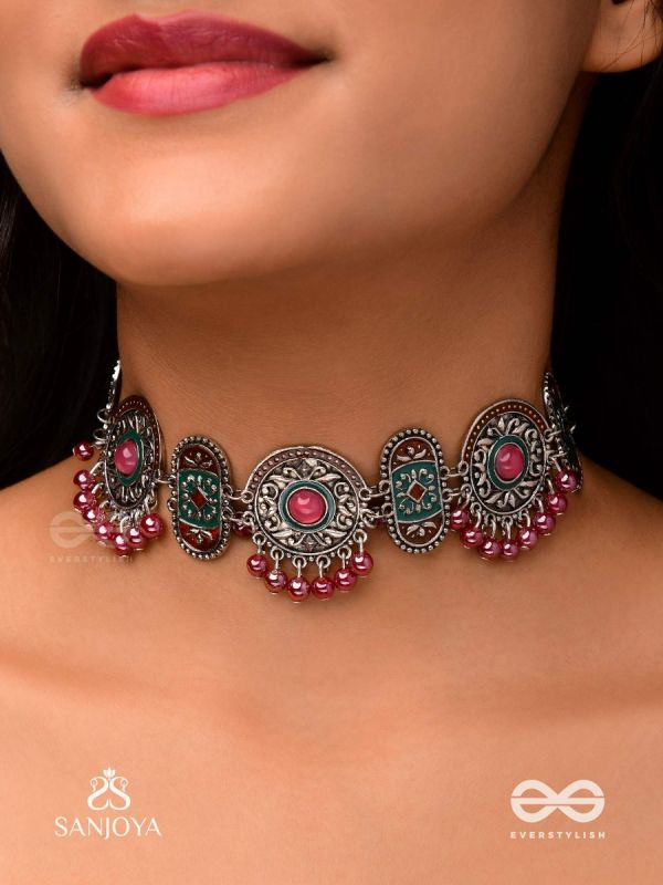 RAKTASHREE– RED ELEGANCE : OXIDIZED CHOKER WITH INTRICATE WORK AND BOLD RED ACCENTS, PERFECT FOR A TRADITIONAL LOOK