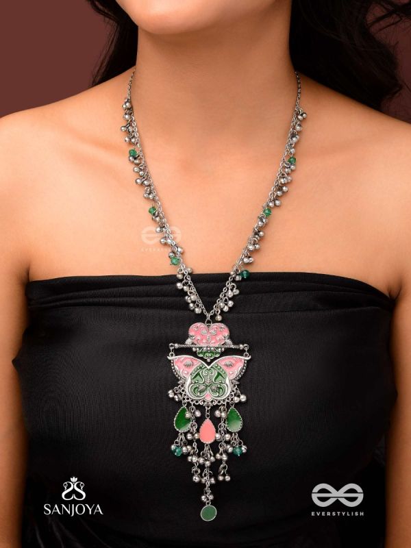 MAYURA MAALA- PECOCK NECKLACE: ENAMELLED OXIDISED NECKLACE WITH GHUNGROO AND BEADS