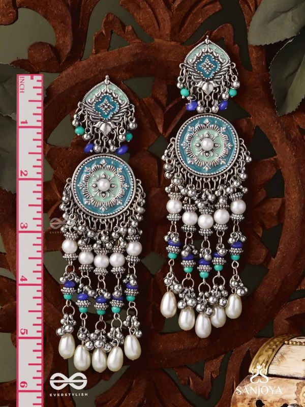 NEELKAMALA – BLUE LOTUS OXIDIZED EARRINGS WITH BLUE BEADS AND INTRICATE WORK, ADORNED WITH PEARLS & GHUNGROO'S