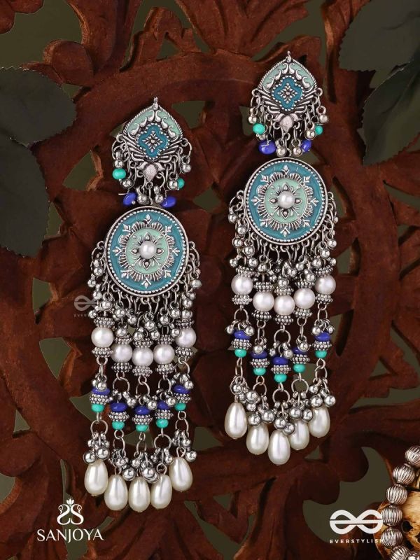 NEELKAMALA – BLUE LOTUS OXIDIZED EARRINGS WITH BLUE BEADS AND INTRICATE WORK, ADORNED WITH PEARLS & GHUNGROO'S