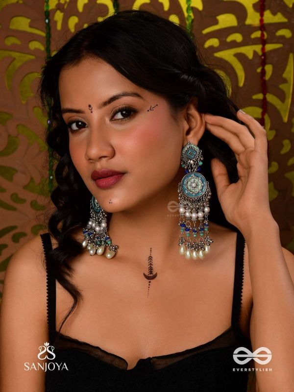 NEELKAMALA – BLUE LOTUS OXIDIZED EARRINGS WITH BLUE BEADS AND INTRICATE WORK, ADORNED WITH PEARLS & GHUNGROO'S