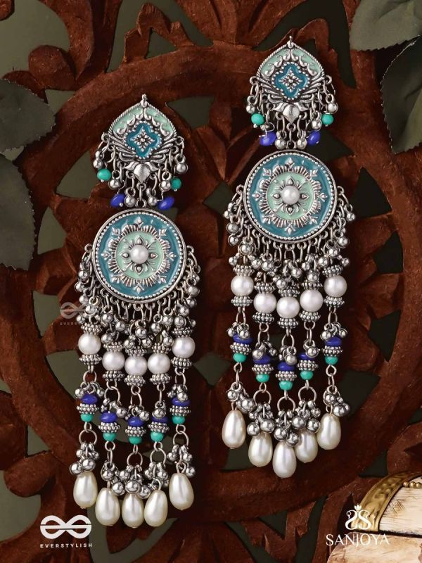 NEELKAMALA – BLUE LOTUS OXIDIZED EARRINGS WITH BLUE BEADS AND INTRICATE WORK, ADORNED WITH PEARLS & GHUNGROO'S