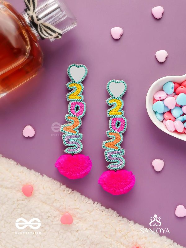 NAVAVARSAM - NEW YEAR  - BEADWORK, MIRRORS AND POM POMS EARRINGS