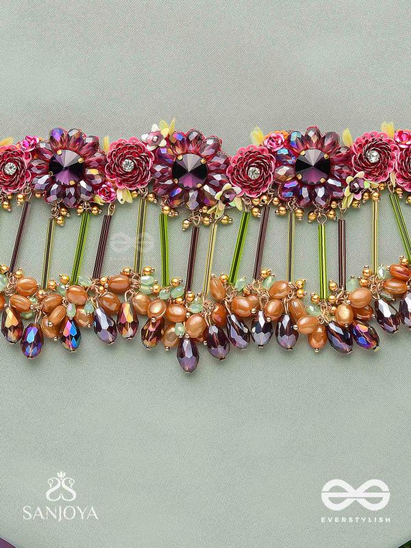 VARNAMALA ABHUSHANA - ADORNMENT OF COLORS - FLORAL MOTIFS, BEADWORK, GLASS DROPS WITH GOLDEN DETAILING CHOKER NECKPIECE