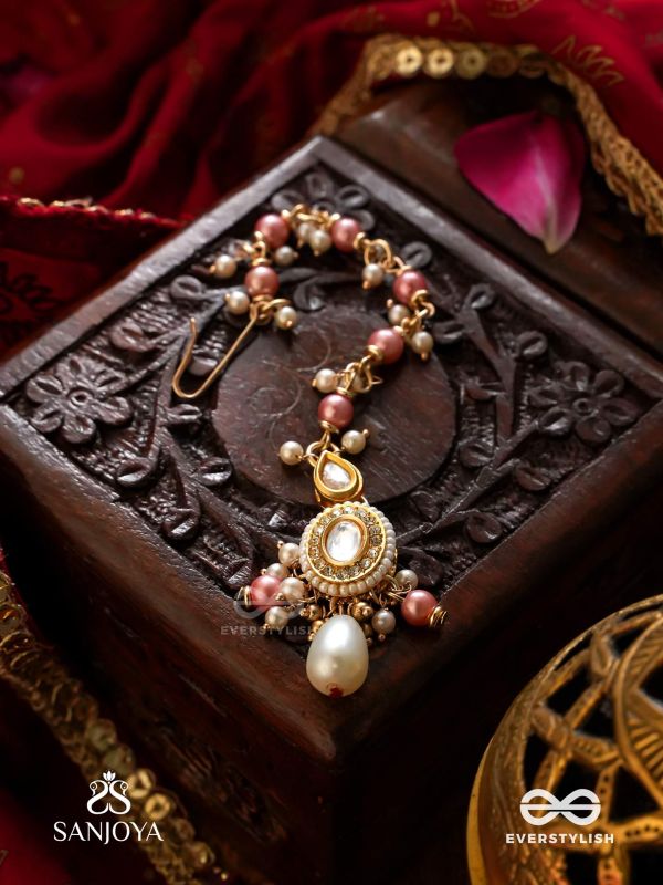 DIVYAMUKUTA - DIVINE ORNAMENT - PEARLS AND BEADS HAND EMBROIDERED MAANG TIKA (PINK & WHITE)