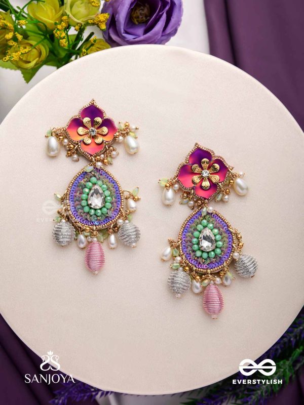 RANGOLIKA - A CANVAS OF COLORS - ENAMEL FLOWERS, BEADS AND PEARLS  HAND EMBROIDERD EARRINGS 