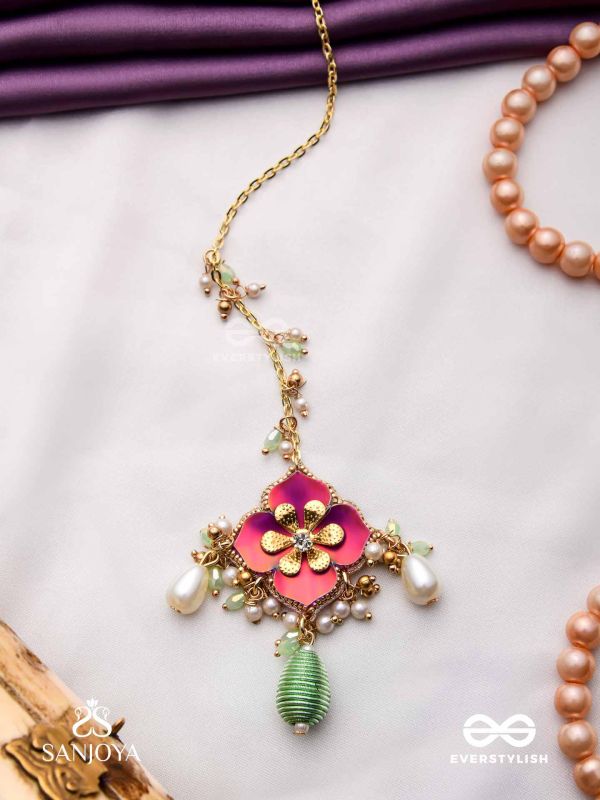 RANGOLIKA - A CANVAS OF COLORS - ENAMEL FLOWER, PEARLS AND GLASS DROPS  HAND EMBROIDERD MAANGTIKA 