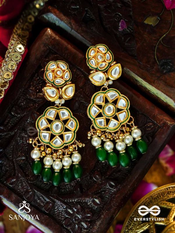 PARNAPRIYA - LOVER OF LEAVES - FLORAL KUNDAN DESIGN WITH GREEN BEADS AND PEARL DROPS  HAND EMBROIDERD EARRINGS 