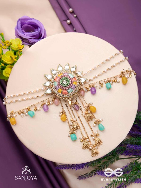 RANGVATI - FULL OF COLORS - EMBROIDERED MIRROR WORK HAIR ACCESSORY WITH MULTI-COLORED BEADS AND GOLDEN CHAINS